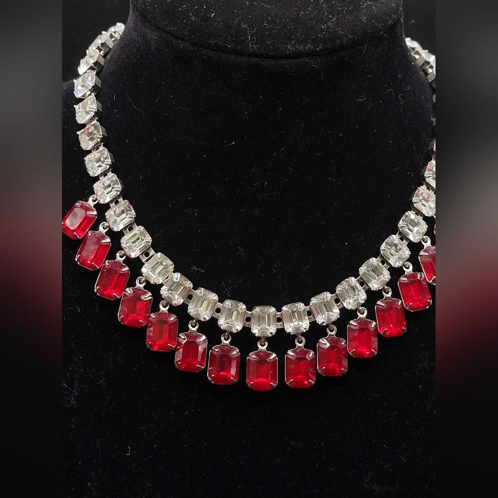 Vintage Silver tone Clear Pink Glass Dangle Choker necklace - Picture 5 of 14